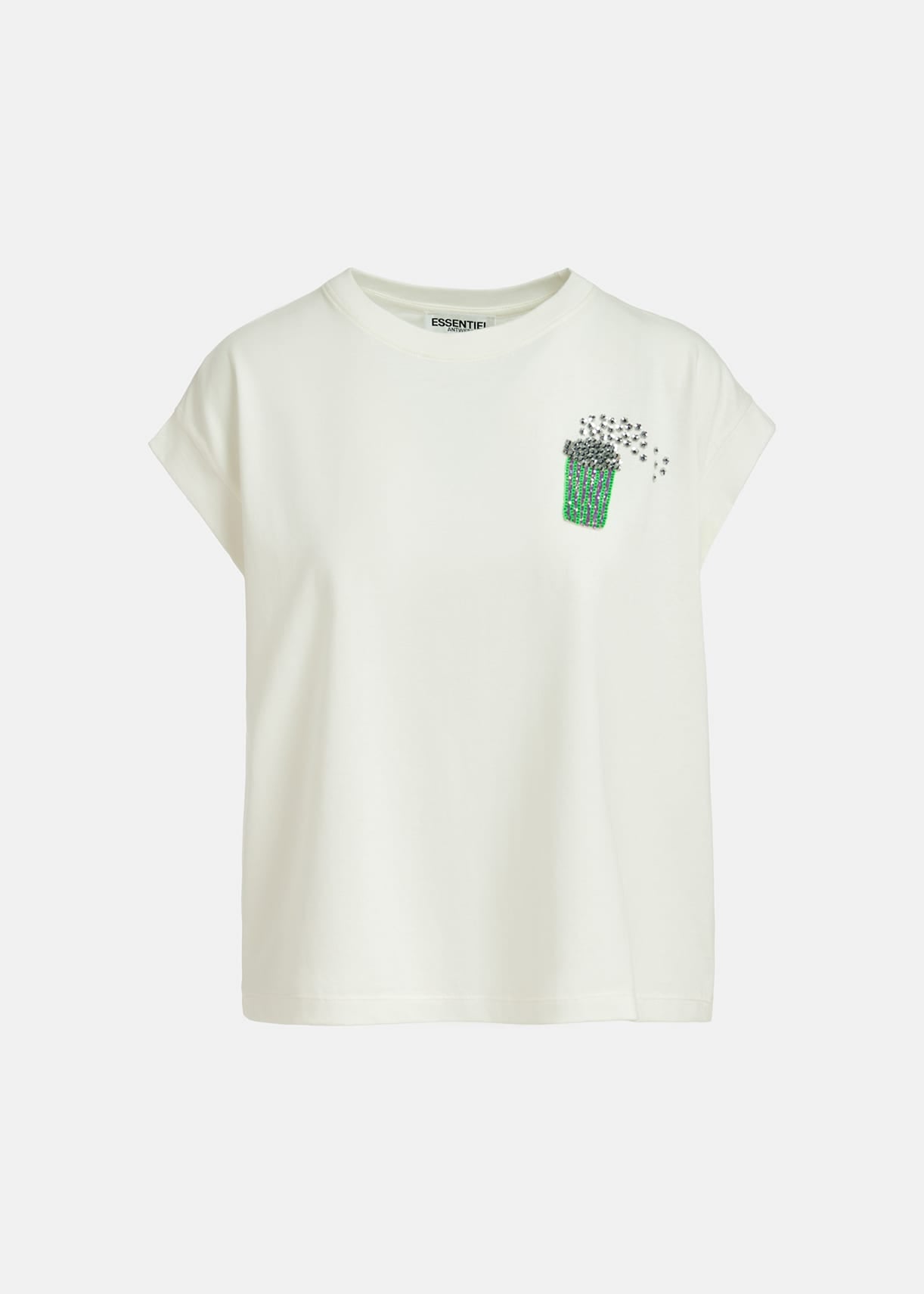 Faustina - cremefarbenes T-Shirt aus Bio-Baumwolle mit Popcorn-Stickerei