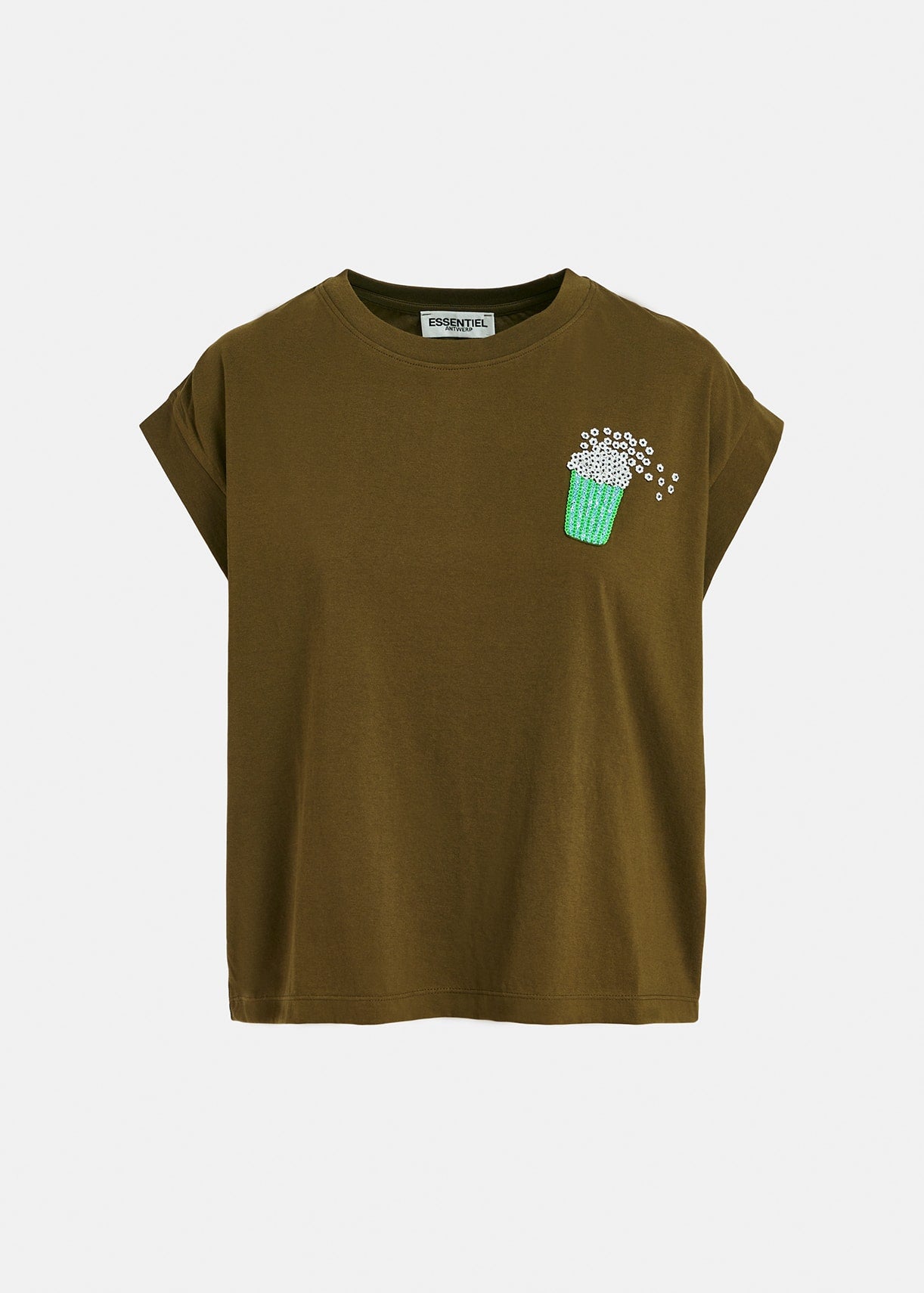Faustina - Khakifarbenes T-Shirt aus Bio-Baumwolle mit Popcorn-Stickerei