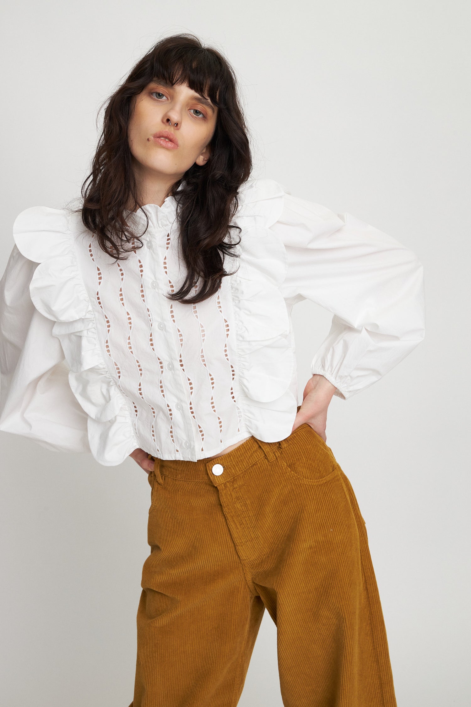 BLOUSE WITH SCALLOPS AND EMBROIDERIES - WHITE