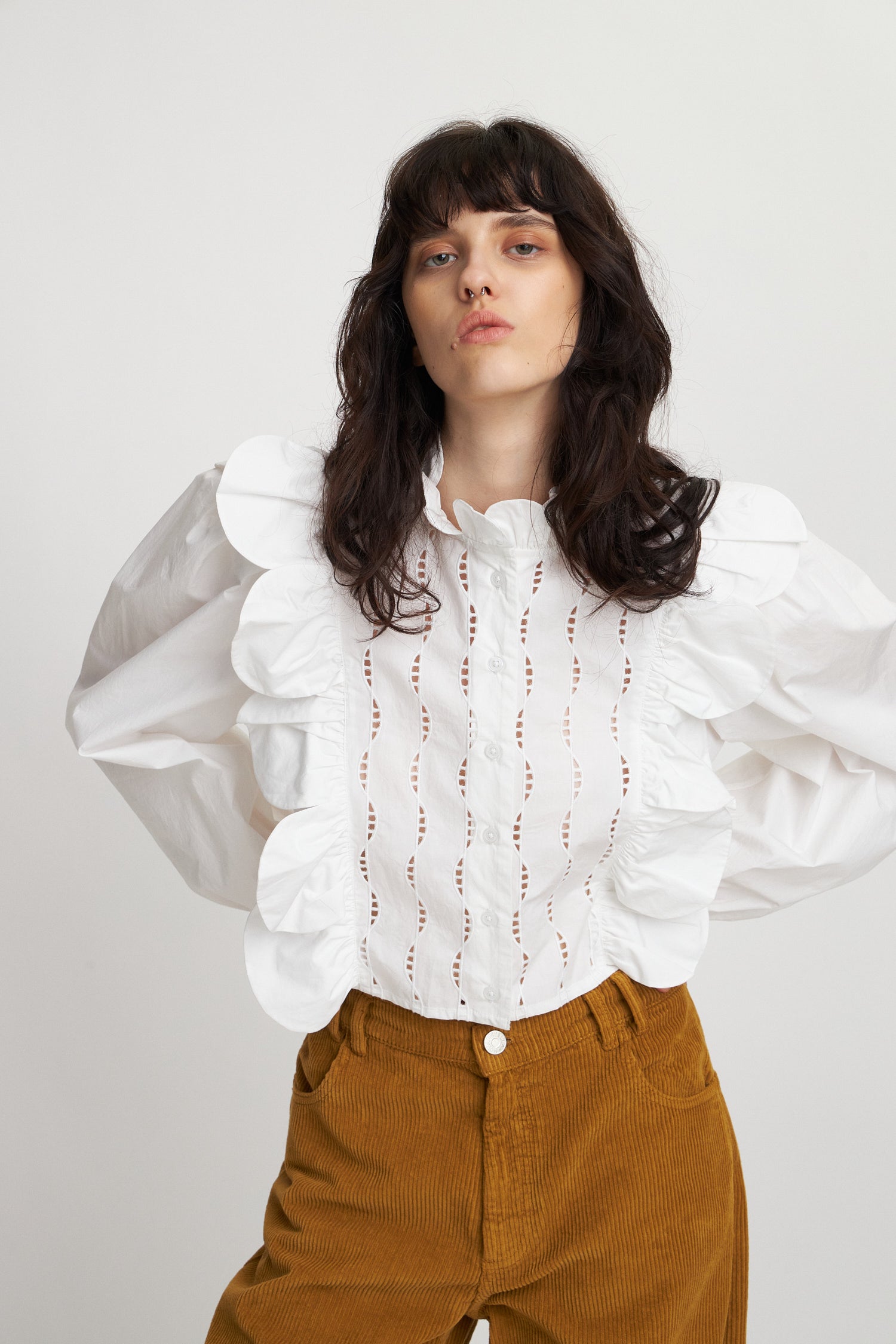 BLOUSE WITH SCALLOPS AND EMBROIDERIES - WHITE